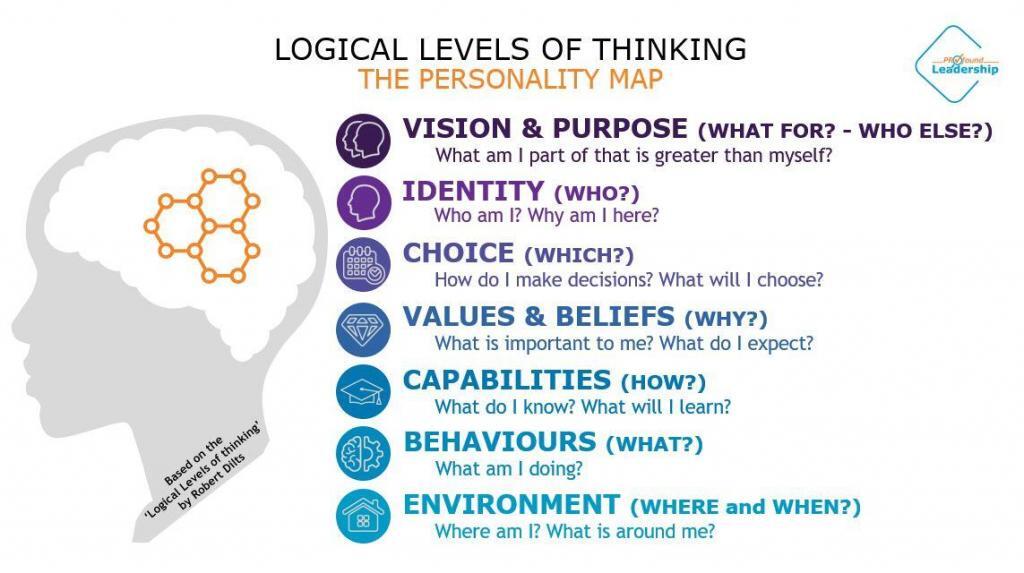 Logical Levels of Thinking Leadership Model Strategy - Professional Development - Decision Making - Human Behaviours - Challenging Behaviours