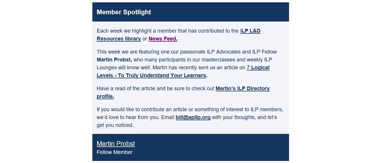 2021 ilp in the spotlight - email - institute of learning & performance - fellow ilp member - professional development - lnd community - Feature Image