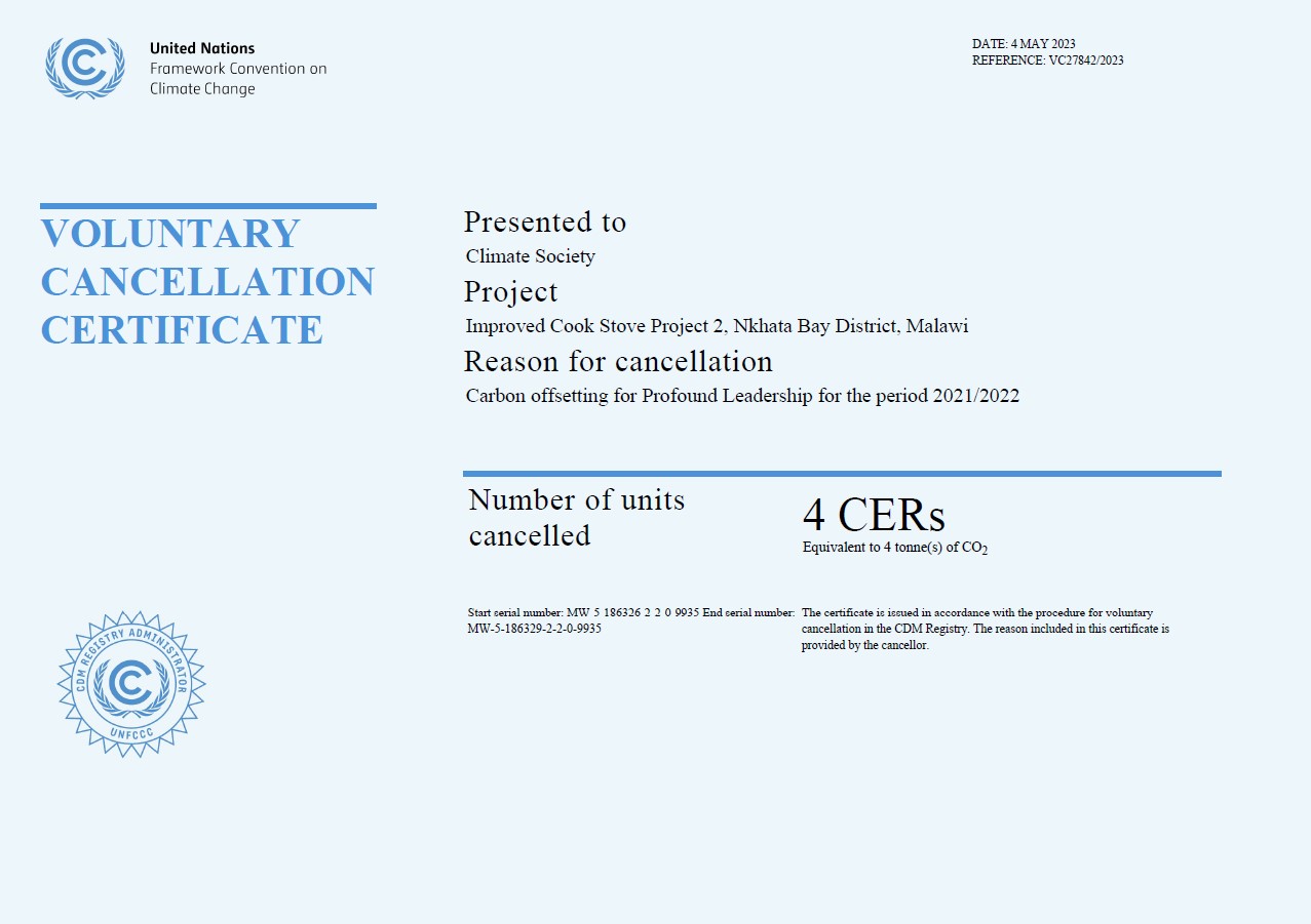 Certificate offseting Profound Leadership 2021-2022 - Climate Neutral Now - UN Pledge - CRS Corporate Social Responsibility
